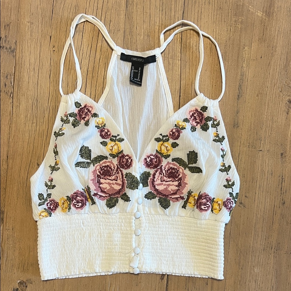 Forever 21 White Floral Embroidered Crop Top